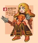  1girl amelia_(fire_emblem) armor blonde_hair border breastplate brown_background brown_border character_name commentary curtained_hair deformed faulds fire_emblem fire_emblem:_the_sacred_stones full_body gauntlets greaves green_eyes highres holding holding_weapon medium_hair open_mouth outside_border pauldrons saiykik shoulder_armor simple_background smile solo standing stats teeth v-shaped_eyebrows weapon 