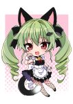  1girl absurdres airi_(akamichiaika) alternate_costume anchovy_(girls_und_panzer) animal_ears bell black_bow blush bow brown_eyes cat_ears cat_tail chibi drill_hair enmaided fake_animal_ears fake_tail fishnet_pantyhose fishnets girls_und_panzer green_hair hair_bow highres long_hair looking_at_viewer maid neck_bell open_mouth pantyhose smile solo tail twin_drills wrist_cuffs 
