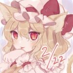  1girl animal_ears blonde_hair cat_ears cat_girl dated flandre_scarlet hat hat_ribbon mob_cap red_ribbon ribbon simple_background solo sorani_(kaeru0768) tongue tongue_out touhou upper_body white_background wrist_cuffs 