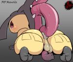 anal animal_genitalia anus backsack balls big_butt blush bodily_fluids butt darkened_genitalia digital_media_(artwork) drooling erection feet generation_3_pokemon genitals hair_mouth hi_res huge_thighs humanoid looking_at_viewer looking_back lying male masturbation mawile nintendo on_front open_mouth oral penis penis_backwards pokemon pokemon_(species) puffy_anus rapistwerewolf rear_view red_eyes rimming saliva sex short_stack simple_background soles solo teeth thick_thighs tongue tongue_out wide_hips