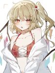  1girl bare_shoulders blonde_hair crystal_wings flandre_scarlet hair_ornament highres medium_hair off_shoulder open_mouth pointy_ears red_eyes shirt side_ponytail solo sorani_(kaeru0768) spaghetti_strap swimsuit touhou upper_body white_background white_shirt 