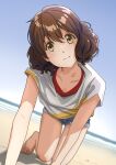  1girl absurdres all_fours barefoot beach brown_eyes brown_hair closed_mouth collarbone curly_hair denim denim_shorts dirty dirty_feet dutch_angle hibike!_euphonium highres horizon looking_at_viewer matebashi ocean oumae_kumiko shirt shorts sky solo t-shirt 