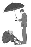  2boys collared_shirt glasses greyscale holding holding_umbrella hood hoodie ijichi_kiyotaka itadori_yuuji jujutsu_kaisen jujutsu_tech_uniform male_focus monochrome multiple_boys pants school_uniform shirt shoes sitting spiked_hair standing suit sumio_(smosmo) umbrella 