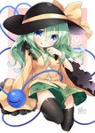  :q black_hat black_legwear blue_eyes blush bow breasts clown_222 commentary_request dated eyeball floral_print frilled_shirt_collar frilled_sleeves frills green_hair green_skirt hair_between_eyes hat hat_bow heart heart_of_string koishi_day komeiji_koishi long_hair long_sleeves looking_at_viewer medium_breasts miniskirt shirt signature skirt smile solo spoken_heart thighhighs third_eye tongue tongue_out touhou wide_sleeves yellow_bow yellow_shirt zettai_ryouiki 