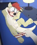 aka_the_otter balls bed blush briefs bulge clothed clothing embarrassed eyewear fur furniture genitals glasses hair hi_res lying mammal mustelid nutty_bo on_bed otter partially_clothed penis tail underwear underwear_down