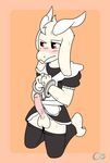  2017 anthro asriel_dreemurr balls blush boss_monster bottomless bound caprine carpetwurm clothed clothing embarrassed erection goat handcuffs kneeling legwear maid_uniform male mammal penis pink_penis red_eyes shackles solo undertale uniform video_games 