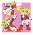  1girl absurdres animalmaster blonde_hair capcom dress green_eyes green_ribbon highres kicking mega_man_(series) panties red_dress red_footwear ribbon roll_(mega_man) underwear white_panties 