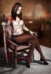  blood bracelet breasts brown_hair chair cherry-gig cleavage crossed_legs full_body gina_foley grey_eyes high_heels jewelry katana lips long_hair medium_breasts pantyhose resident_evil resident_evil_revelations_2 sitting smile solo sword weapon 