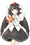  :o bangs bird_wings black_hair black_skirt blush cheunes collared_shirt feather_fan finger_to_cheek hat highres looking_at_viewer pom_pom_(clothes) red_eyes shameimaru_aya shirt skirt solo tokin_hat touhou white_shirt wings 