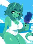  +_+ 1girl arm_support blue_sky breasts cleavage collarbone day food green_eyes green_hair holding holding_food holding_popsicle large_breasts looking_at_viewer minimilieu monster_girl one-piece_swimsuit open_mouth original outdoors pixel_art popsicle short_hair sitting sky slime_girl smile solo swimsuit white_one-piece_swimsuit 