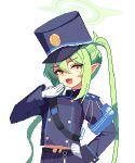  1girl belt black_belt black_hat black_jacket black_shorts blue_archive buttons double-breasted fang gloves green_hair green_halo hair_between_eyes halo hand_on_own_hip hat highlander_twintails_conductor_(blue_archive) highres jacket long_hair long_sleeves looking_at_viewer open_mouth peaked_cap pixel_art pointy_ears shorts simple_background skin_fang smile solo tinia_etru twintails white_background white_gloves yellow_eyes 