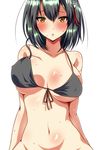  ar_(lover_boy) arms_at_sides bare_arms bare_shoulders bikini black_bikini black_hair blush bottomless breasts collarbone commentary_request covered_nipples groin haguro_(kantai_collection) hair_between_eyes hair_ornament halter_top halterneck heart heart-shaped_pupils highres kantai_collection large_breasts looking_at_viewer navel out-of-frame_censoring parted_lips solo stomach sweat swimsuit symbol-shaped_pupils unaligned_breasts wardrobe_malfunction yellow_eyes 