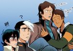  4boys ? black_hair blue_background brown_hair carrying closed_eyes dark_skin dark_skinned_male english halftone halftone_background heart hug hyakujuu-ou_golion keith_(voltron) kurogane_isamu lance_(voltron) looking_at_another male_focus multicolored_hair multiple_boys princess_carry short_hair simple_background smile sweatdrop takashi_shirogane translation_request two-tone_hair undercut voltron:_legendary_defender zero-souma 