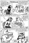  anthro bear big_breasts black_and_white black_hair breasts cat cleavage clothed clothing comic english_text eyewear feline female glasses hair karno mammal monochrome open_mouth speech_bubble teeth text 