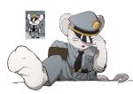 2024 5_fingers ahseo anthro chair clothing fingers footwear fur furniture half-closed_eyes hi_res leg_on_table male mammal mappy mappy_(character) mouse murid murine narrowed_eyes necktie police police_uniform red_nose rodent simple_background sitting socks solo tail uniform white_background white_body white_fur