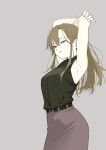  1girl armpits arms_behind_head arms_up bags_under_eyes belt black_belt black_shirt breasts brown_eyes brown_hair brown_skirt commentary_request cowboy_shot frown grey_background half-closed_eyes highres koroshiya_wa_kyou_mo_bba_wo_korosenai. large_breasts long_hair looking_at_viewer ootsuka_sawori parted_lips pencil_skirt shirt shirt_tucked_in simple_background skirt sleeveless sleeveless_shirt solo standing yoshiaki_kei 