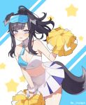  1girl absurdres ahoge animal_ears artist_name bare_shoulders black_ears black_hair black_tail blue_archive blush breasts cheerleader cleavage collar commentary_request cowboy_shot crop_top detached_collar dog_ears dog_girl dog_tail embarrassed eyewear_on_head furrowed_brow hibiki_(blue_archive) hibiki_(cheer_squad)_(blue_archive) highres holding holding_pom_poms long_hair midriff multicolored_background name_tag no_halo official_alternate_costume open_mouth p_changgun pleated_skirt pom_pom_(cheerleading) ponytail purple_eyes sidelocks skirt solo star_(symbol) star_sticker sticker_on_face tail white_collar white_skirt 