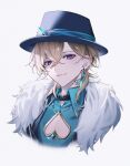  1boy aqua_shirt aventurine_(honkai:_star_rail) black_hat blonde_hair clothing_cutout collared_shirt earrings fur_trim hair_between_eyes hat highres honkai:_star_rail honkai_(series) jewelry looking_at_viewer male_focus multicolored_eyes neck_tattoo pectoral_cleavage pectorals portrait purple_eyes shirt short_hair solo tattoo umeno_shii white_background 