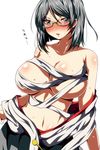  ar_(lover_boy) bare_shoulders black_eyes black_hair blush breasts collarbone commentary_request cowboy_shot glasses green-framed_eyewear headgear highres japanese_clothes kantai_collection kirishima_(kantai_collection) large_breasts looking_at_viewer navel nontraditional_miko nose_blush parted_lips sarashi solo stomach sweat undressing 
