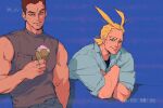  2boys black_shirt blonde_hair blue_eyes boku_no_hero_academia brown_hair closed_mouth endeavor_(boku_no_hero_academia) food freesilverwind grey_shirt highres holding holding_ice_cream_cone ice_cream ice_cream_cone looking_at_viewer male_focus multiple_boys muscular muscular_male neapolitan_ice_cream parted_lips shirt short_hair short_sleeves smile sparse_stubble viewfinder yagi_toshinori 