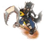  anthro canine clothed clothing ehbear female fur gas_mask hair looking_at_viewer mammal mask melee_weapon polearm scythe simple_background solo standing weapon 