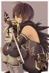  1boy belt bishounen black_gloves black_hair black_scarf blush boots border brown_background brown_belt commentary_request dark-skinned_male dark_skin ear_piercing elbow_gloves fingerless_gloves from_side gloves granblue_fantasy holding holding_knife jamil_(granblue_fantasy) knee_boots knees_up knife light_smile looking_at_viewer male_focus outside_border piercing scar scarf short_hair sitting sleeveless solo torn_clothes torn_scarf urjuwanwan white_border yellow_eyes 