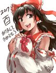  2017 absurdres akeome bird black_eyes black_hair bow chicken chinese_zodiac detached_sleeves hair_bow hair_tubes hakurei_reimu happy_new_year highres long_hair new_year nontraditional_miko open_mouth sidelocks signature simple_background smile solo touhou traditional_media upper_body white_background wide_sleeves yasaidon year_of_the_rooster 