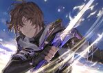  1boy ahoge black_gloves blue_sky brown_hair cloud commentary_request fingerless_gloves gloves glowing glowing_sword glowing_weapon granblue_fantasy holding holding_sword holding_weapon hood hood_down looking_at_viewer male_focus messy_hair motion_lines pota_(bluegutty) red_eyes sandalphon_(granblue_fantasy) short_hair signature sky smirk solo swept_bangs swipe sword upper_body weapon 