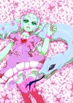  1girl black_sclera colored_eyelashes dress female flower forked_tongue green_eyes green_hair lying monster_girl no_pupils on_back open_mouth original pink_legwear pointy_ears raindrop_(artist) sidelocks slit_pupils snake snake_hair solo thighhighs twintails 