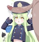  !? 1girl bar_censor black_hat black_jacket black_tail blue_archive blush buttons censored demon_tail donutman double-breasted gloves green_hair green_halo hair_between_eyes halo hat highlander_sidelocks_conductor_(blue_archive) highres jacket long_hair long_sleeves open_mouth peaked_cap penis pointy_ears sidelocks solo tail upper_body white_gloves yellow_eyes 