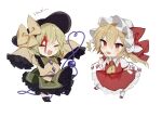  2boys ascot blonde_hair blood blood_on_face chibi closed_eyes dress flandre_scarlet green_hair hat hat_ribbon highres komeiji_koishi mob_cap multiple_boys open_mouth red_dress red_eyes red_ribbon ribbon simple_background sorani_(kaeru0768) touhou yellow_ascot yellow_ribbon 