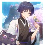  1boy 2others bird black_kimono cat cherry_blossoms closed_mouth genshin_impact japanese_clothes kimono long_sleeves looking_at_viewer male_focus multiple_others purple_eyes purple_hair raramuda_0101 scaramouche_(cat)_(genshin_impact) scaramouche_(genshin_impact) short_hair smile wanderer_(genshin_impact) 