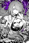  1girl absurdres acheron_(honkai:_star_rail) breasts cleavage closed_mouth collarbone commentary_request greyscale greyscale_with_colored_background hair_over_one_eye highres honkai:_star_rail honkai_(series) large_breasts long_hair looking_at_viewer monochrome purple_background purple_eyes solo upper_body yotsumi_shiro 