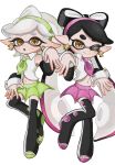  2girls absurdres black_hair bow-shaped_hair callie_(splatoon) closed_mouth colored_tips commentary_request cousins earrings full_body green_hair green_hairband green_necktie green_skirt hairband highres inkling jewelry lemo_(lemo_4) long_hair looking_at_viewer marie_(splatoon) midriff multicolored_hair multiple_girls navel necktie one_eye_closed open_mouth pink_hair pink_hairband pink_necktie pink_skirt pointy_ears short_hair simple_background skirt smile splatoon_(series) standing standing_on_one_leg star-shaped_pupils star_(symbol) symbol-shaped_pupils thick_eyebrows two-tone_hair very_long_hair white_background white_hair yellow_eyes 