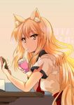  animal_ear_fluff animal_ears bangs breasts cellphone commentary_request drinking_straw fate/extra fate/extra_ccc fate/extra_ccc_fox_tail fate/grand_order fate_(series) fox_ears from_side grimjin highres long_hair looking_at_viewer looking_to_the_side medium_breasts orange_hair phone school_uniform shirt short_sleeves smartphone soda solo suzuka_gozen_(fate) upper_body very_long_hair white_shirt yellow_eyes 