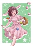  1girl :d animal_ears brown_hair carrot dress easter_egg egg highres inaba_tewi jewelry kyabekko necklace open_mouth rabbit_ears red_eyes short_hair short_sleeves simple_background smile solo touhou translation_request 