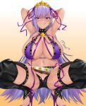  1girl armpits arms_behind_head arms_up bb_(fate) bb_(swimsuit_mooncancer)_(fate) bb_(swimsuit_mooncancer)_(second_ascension)_(fate) belt bikini black_garter_belt black_shorts breasts earrings fate/grand_order fate_(series) garter_belt gyaru hair_ornament hair_ribbon high_heels highres huge_breasts jewelry licking_lips long_hair looking_at_viewer loose_belt micro_shorts mrnn navel purple_bikini purple_eyes purple_hair purple_ribbon ribbon shorts smile solo spread_legs squatting star_(symbol) star_earrings star_hair_ornament stirrup_legwear studded_garter_belt swimsuit tan toeless_legwear tongue tongue_out very_long_hair white_belt 