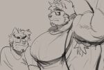 2021 absurd_res anthro barazoku big_pecs brown_background canid canine canis clothed clothing digital_media_(artwork) domestic_dog duo eyewear glasses hi_res huge_pecs looking_at_another male mammal melaisen muscular muscular_anthro muscular_male pecs raised_arm simple_background sketch