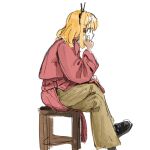  1girl a.i._voice adachi_rei alternate_costume brown_pants coat commentary_request crossed_legs elbow_on_knee fashion foot_out_of_frame from_side hakoko_shitagokoro hand_on_own_chin head_rest highres long_sleeves looking_ahead medium_hair on_stool orange_eyes orange_hair pants profile radio_antenna red_coat shoes simple_background sitting solo utau white_background 