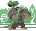 2023 anthro anthrofied biped black_nose bowsarthekoopa brown_arms brown_fingers brown_hands brown_tail clothed clothed_male clothing digital_drawing_(artwork) digital_media_(artwork) elemental_creature eyes_closed flora_fauna generation_4_pokemon green_arms green_background green_hair green_tail grey_clothing grey_topwear hair happy happy_expression male multicolored_tail nintendo plant pokemon pokemon_(species) pokemorph proboscis_(anatomy) rock shell simple_background solo standing tail tail_tuft tan_tail topwear torterra tree trunk trunk_(anatomy) tuft two_tone_arms white_background