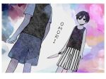  2boys absurdres antenna_hair arms_at_sides bad_id bad_pixiv_id bare_arms black_eyes black_hair black_shorts black_sweater_vest black_tank_top child closed_mouth colored_skin copyright_name dual_persona grey_shorts hair_behind_ear hair_between_eyes head_out_of_frame highres holding holding_knife kitchen_knife knife multiple_boys no_pupils omori omori_(omori) shirt short_hair short_sleeves shorts striped_clothes striped_shorts sunny_(omori) sweater_vest tank_top toukashi_(2tou9) vertical-striped_clothes vertical-striped_shorts white_background white_shirt white_shorts white_skin 