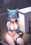  1girl absurdres animal_ears barefoot bell bikini blue_bikini blue_eyes blue_hair breasts commission highres holding holding_phone kkam-sang large_breasts long_hair masturbation neck_bell on_ground original phone pixiv_username pussy_juice sitting solo swimsuit thigh_strap thighs twitter_username wariza 