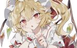  1girl blonde_hair crystal_wings flandre_scarlet frills hand_on_own_cheek hand_on_own_face highres index_finger_raised open_mouth pointy_ears red_eyes side_ponytail simple_background solo sorani_(kaeru0768) touhou white_background wrist_cuffs 