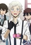  3boys bandaged_arm bandages black_gloves black_hair black_necktie blush brown_eyes brown_hat bungou_stray_dogs character_request closed_eyes collared_shirt dazai_osamu_(bungou_stray_dogs) fingerless_gloves gift gloves highres indoors izumi3_desuyo multiple_boys nakajima_atsushi_(bungou_stray_dogs) necktie open_mouth pointing pointing_at_self shirt short_hair upper_body white_hair 