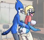 age_difference anal anthro anus avian balls bird blonde_hair blue_body blue_feathers blue_jay bottomwear bottomwear_down breasts cartoon_network clothed clothing corvid duo feathers female fours_(artist) from_behind_position genitals hair hi_res hilary_(regular_show) incest_(lore) jay_(bird) male male/female mordecai_(regular_show) mother_(lore) new_world_jay oscine pants pants_down parent_(lore) partially_clothed passerine penis pussy regular_show sex son_(lore)