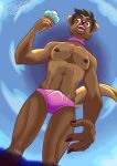anthro athletic athletic_male bikini_thong black_nose blue_sky brown_body brown_eyes brown_fur brown_hair canid canine canis claudioelrandom claudy_(claudioelrandom) clothed clothing cloud domestic_dog erect_nipples frozen fur hair hi_res jewelry male mammal necklace nipples pecs perspective pink_jewelry pink_necklace sea sky solo surprise surprised_expression swimwear tail thong thong_only topless underwear underwear_only water