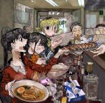  1other 2boys 3girls black_eyes black_hair blonde_hair bowl ceiling_light cellphone chopsticks closed_eyes cup drinking_glass eating egg_(food) electric_fan food food_on_face gomibaketsu3 highres holding holding_bowl holding_chopsticks indoors kamaboko multiple_boys multiple_girls narutomaki noodles open_mouth original phone pitcher_(container) ramen red_sweater restaurant signature smartphone soup steam sweater tissue_box twintails used_tissue v-neck 