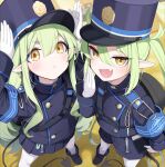  2girls :d black_footwear black_hat black_jacket black_shorts black_skirt black_tail blue_archive blush boots buttons closed_mouth demon_tail double-breasted fang fed_(giba) gloves green_hair green_halo hair_between_eyes halo hat highlander_sidelocks_conductor_(blue_archive) highlander_twintails_conductor_(blue_archive) highres jacket long_hair long_sleeves multiple_girls open_mouth pantyhose peaked_cap pleated_skirt pointy_ears shorts sidelocks skirt smile tail twintails white_gloves white_pantyhose yellow_eyes 