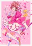  1girl absurdres boots bow brown_hair cardcaptor_sakura cherry_blossoms foot_up fuuin_no_tsue gloves green_eyes hair_ribbon highres holding holding_staff kero_(cardcaptor_sakura) kinomoto_sakura kisumi_rei layered_skirt long_sleeves open_mouth petals pink_background pink_footwear puffy_sleeves ribbon skirt staff white_footwear white_gloves 