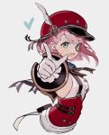  1girl :d bare_shoulders breasts cabbie_hat charlotte_(genshin_impact) detached_sleeves genshin_impact gloves hat hat_feather highres looking_at_viewer medium_hair merry-san monocle open_mouth pink_hair red_hat simple_background sleeveless smile solo upper_body white_gloves 
